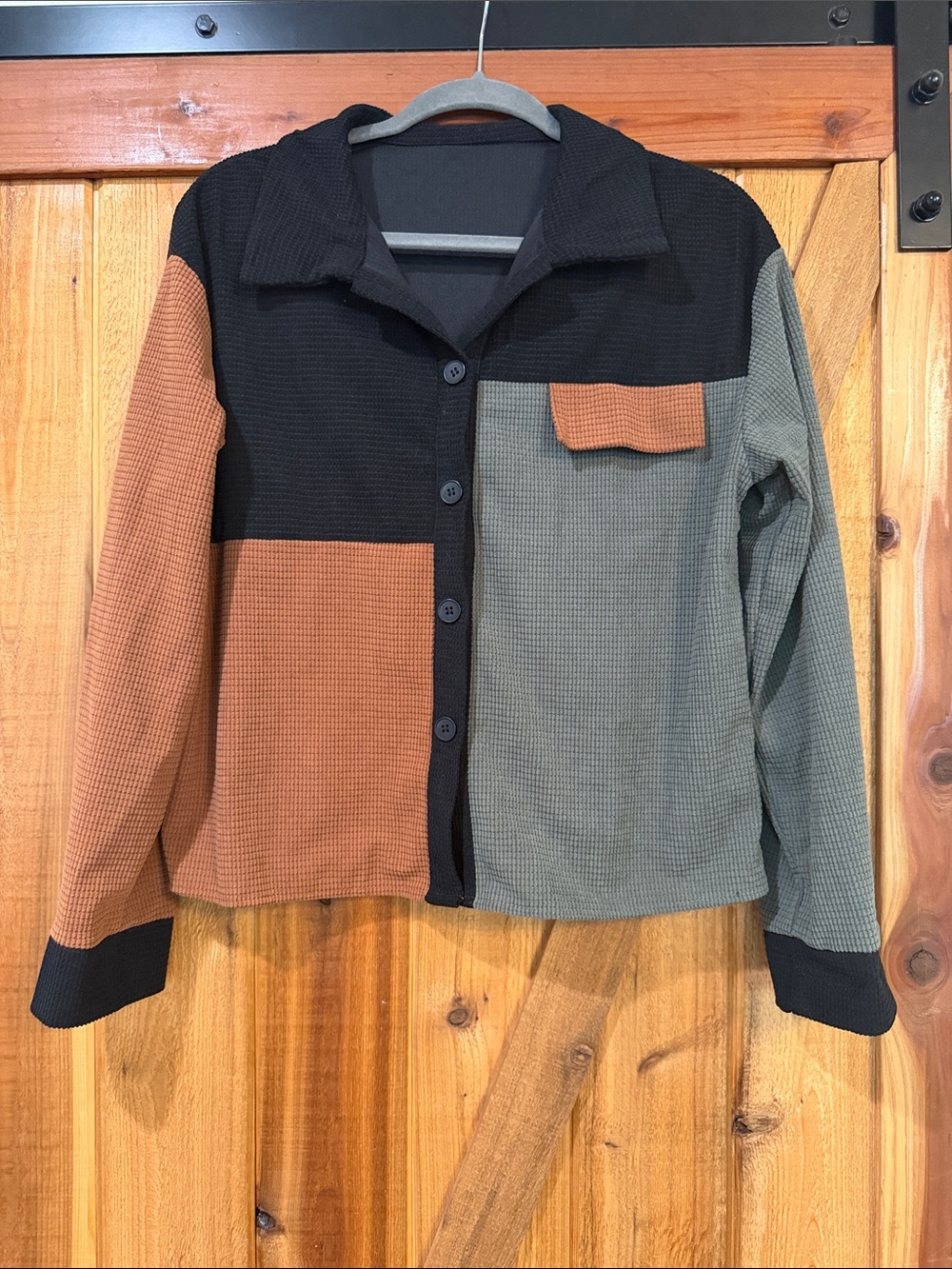 Colorblock Long-Sleeve Button Shirt Jacket - Black, Rust, Olive